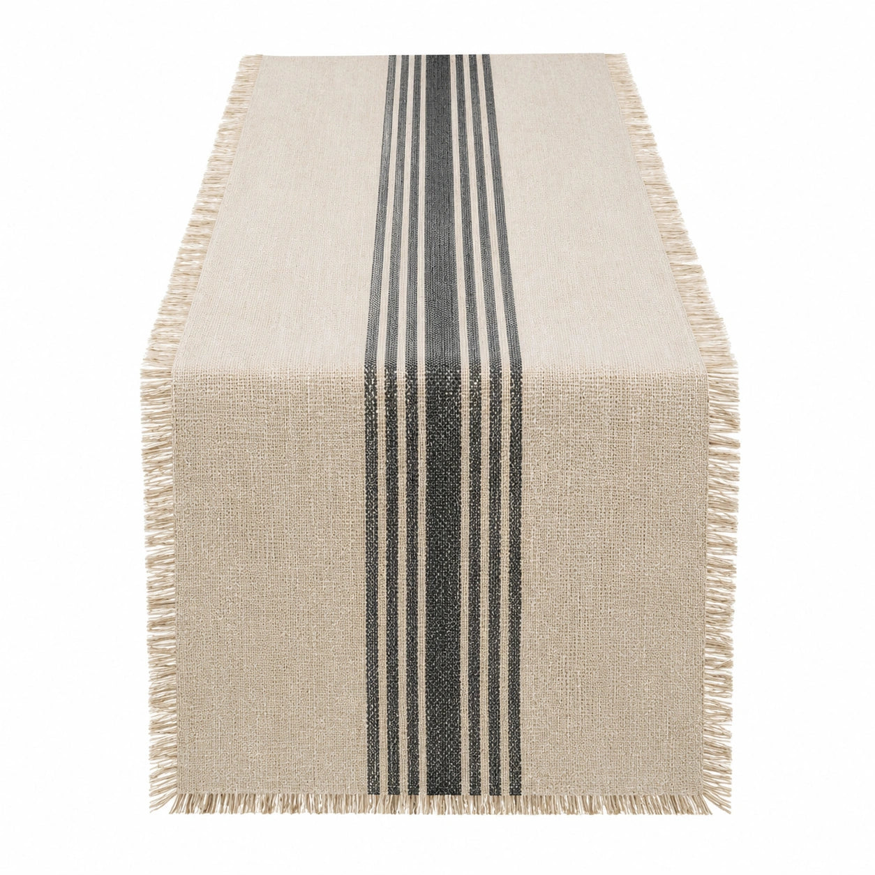 Camino de mesa textil 180 x 35 cm beige y negro con flecos estilo rústico
