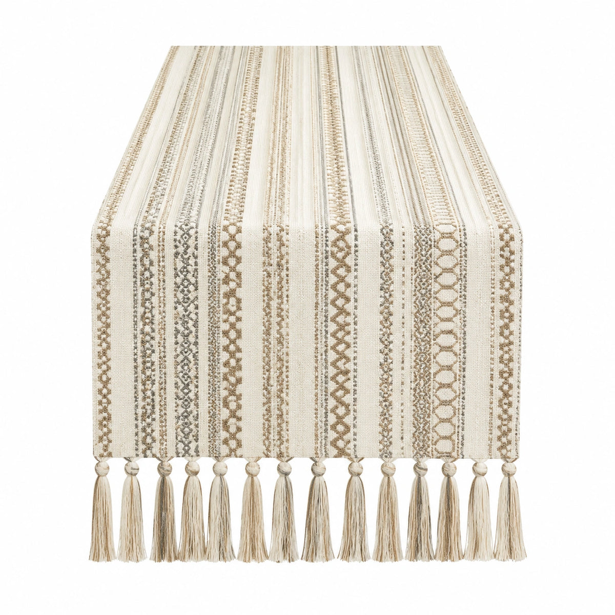 Camino de mesa 180 x 33 cm textil crema beige tejido con flecos decorativos