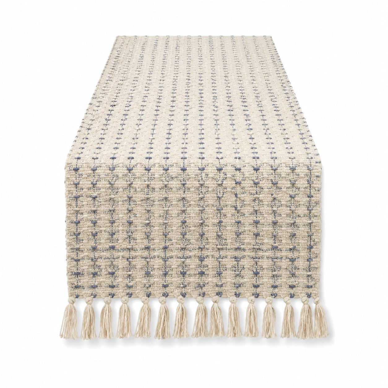 Camino de mesa 180 x 33 cm tejido beige y gris con flecos estilo rústico