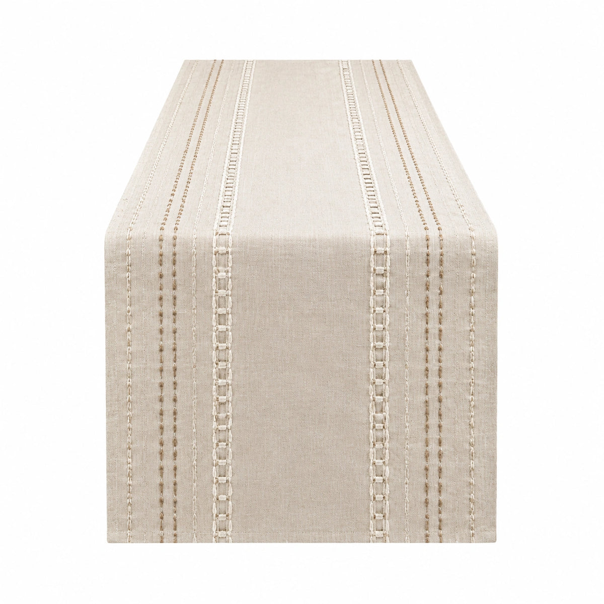 Camino de mesa 180 x 33 cm de tejido beige con bordado lineal decorativo