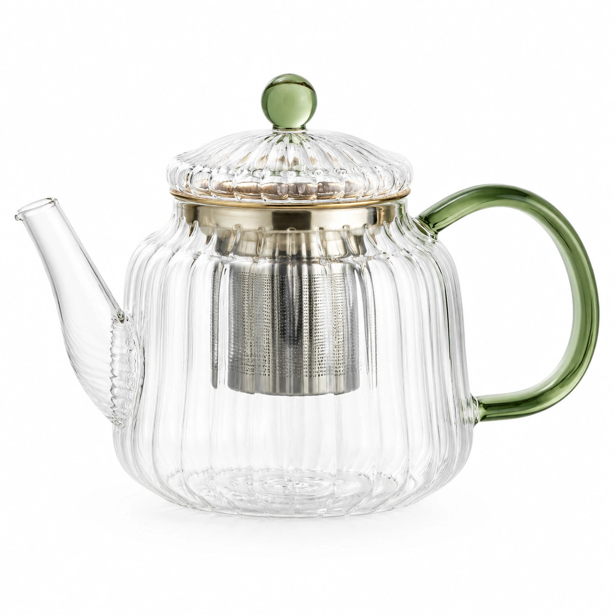 Tetera de vidrio 1.00 L transparente y verde con filtro de acero inoxidable estilo acanalado
