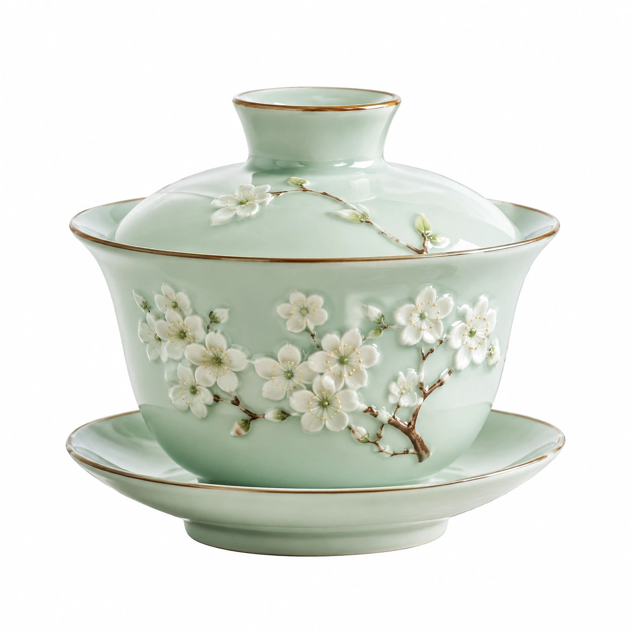 Taza gaiwan de porcelana 150 ml verde con flores en relieve - juego de té con tapa y platillo