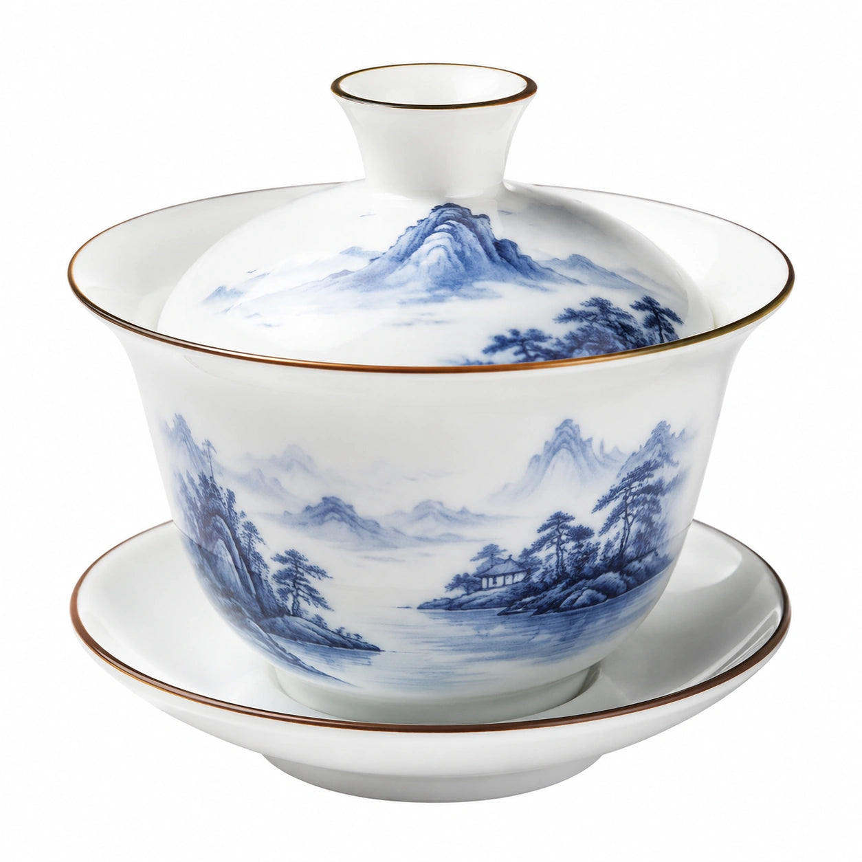Gaiwan de porcelana 150 ml blanco/azul con paisaje y borde dorado para preparar té