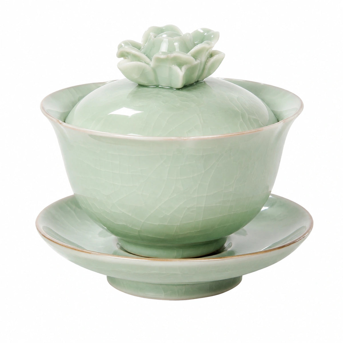 Juego de té gaiwan de cerámica verde celadón 10 cm para infusiones con diseño floral