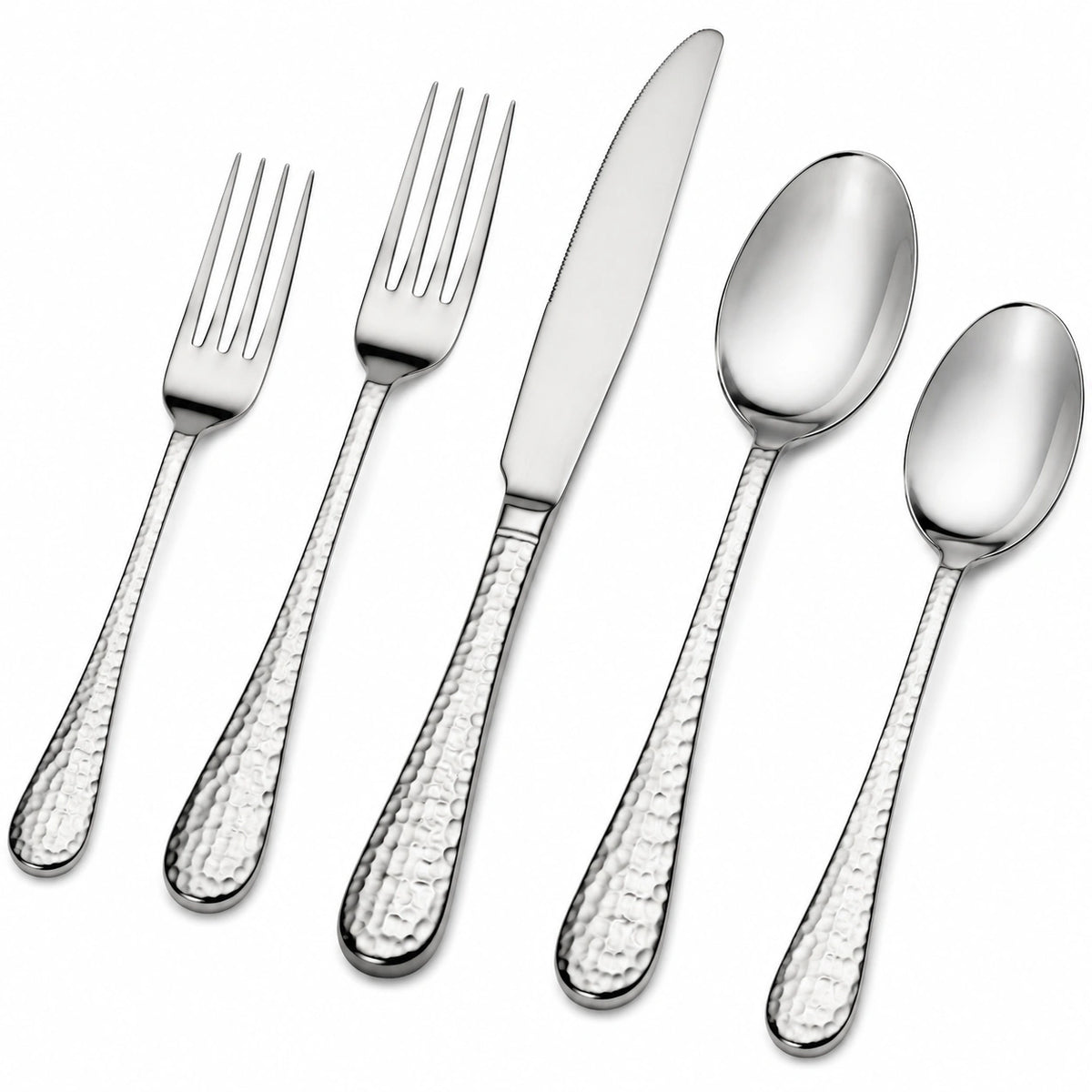 Juego de cubiertos de acero inoxidable de 5 piezas plateado con mango martillado