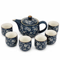 Juego de té de cerámica 7 piezas - azul con flores blancas para 6 personas