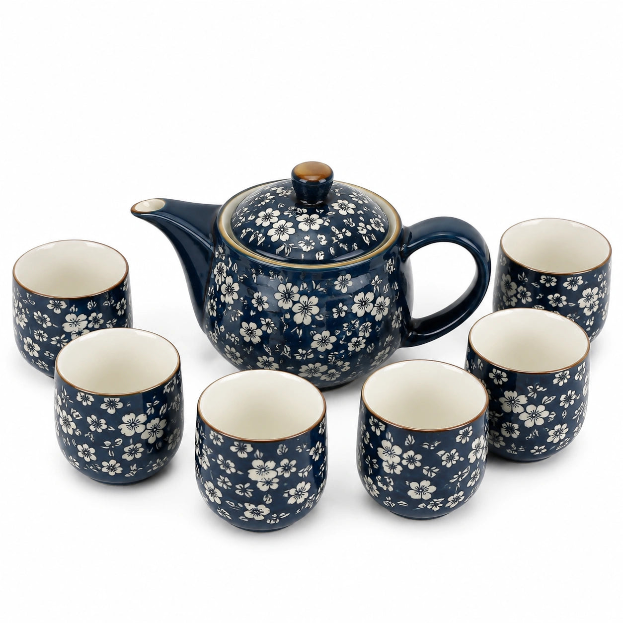 Juego de té de cerámica 7 piezas - azul con flores blancas para 6 personas