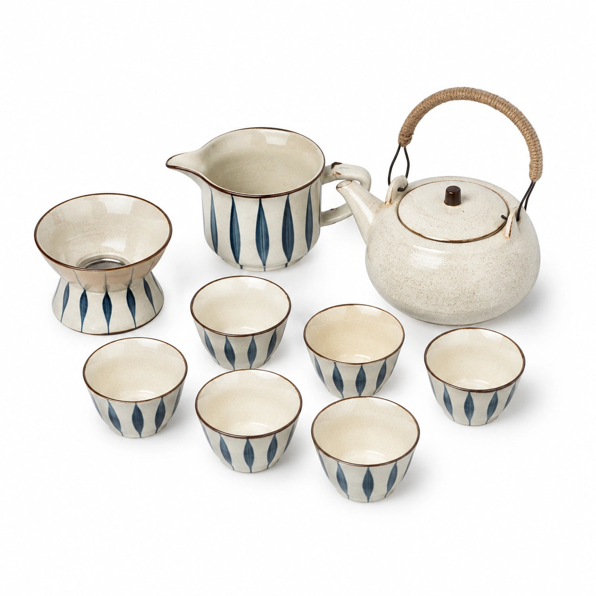 Juego de té de cerámica para 6 personas 900 ml crema y azul con motivo vegetal