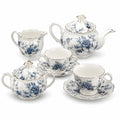 Juego de té de porcelana para 2 personas 30 cm blanco azul floral con borde dorado