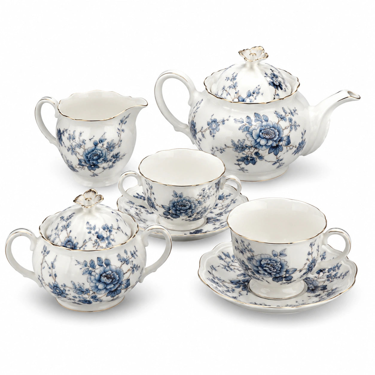 Juego de té de porcelana para 2 personas 30 cm blanco azul floral con borde dorado
