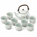 Juego de té de cerámica 9 piezas verde agua con flores y asa de bambú