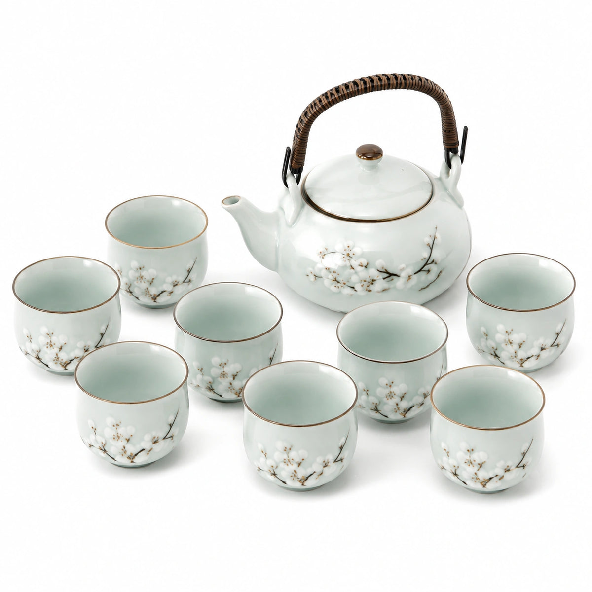 Juego de té de cerámica 9 piezas verde agua con flores y asa de bambú