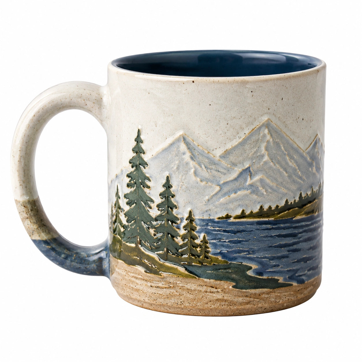 Taza de cerámica 400 ml beige azul con paisaje en relieve para bebidas calientes