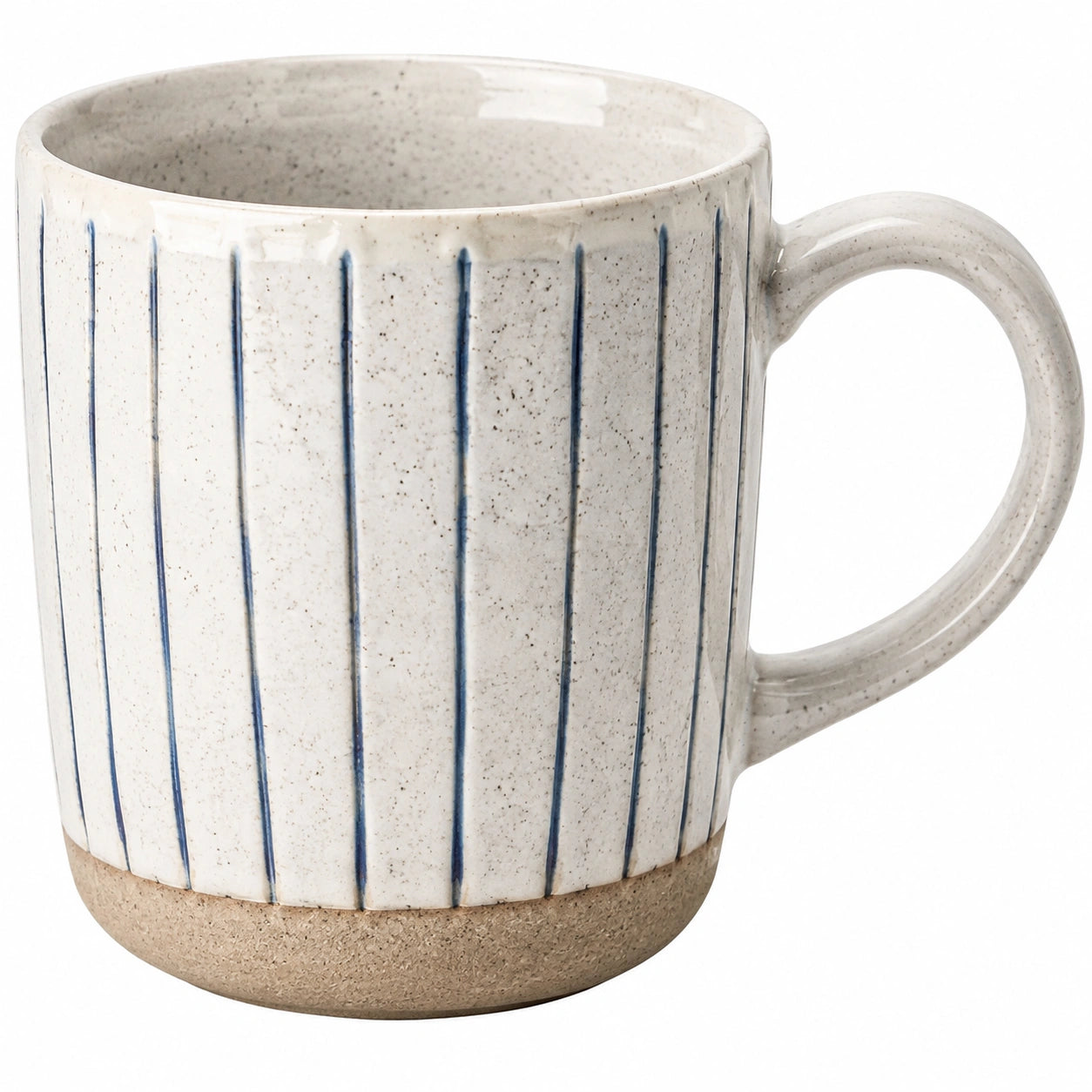 Taza de cerámica 400 ml blanca azul y beige para bebidas con rayas verticales
