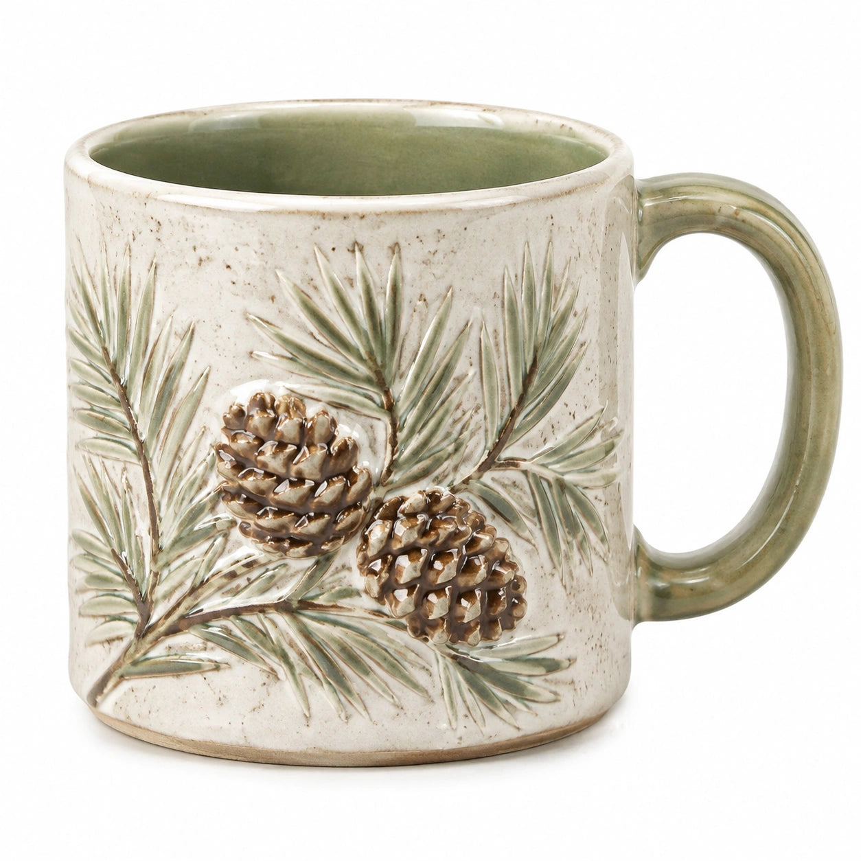 Taza de cerámica 350 ml beige y verde con relieve de piñas estilo rústico