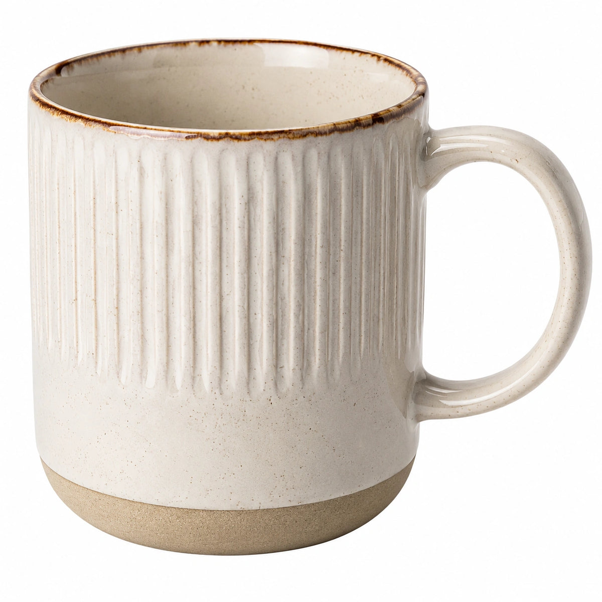 Taza de 350 ml de cerámica beige con asa y relieve vertical