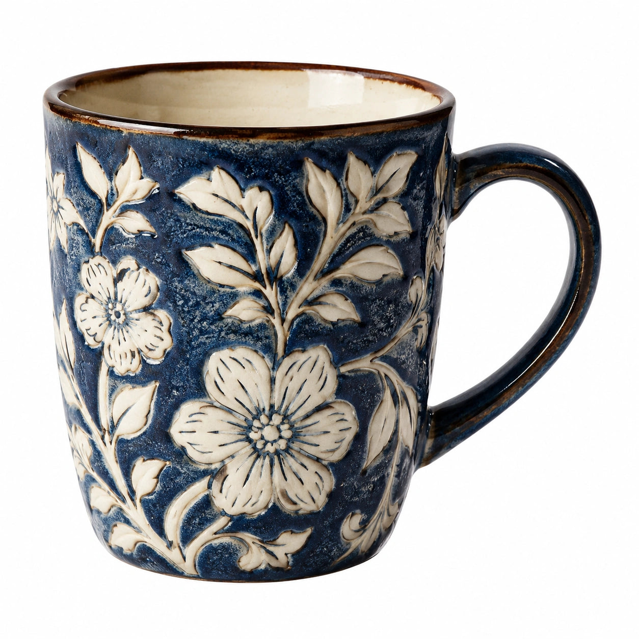 Taza de cerámica 450 ml azul crema con relieve floral para bebidas calientes