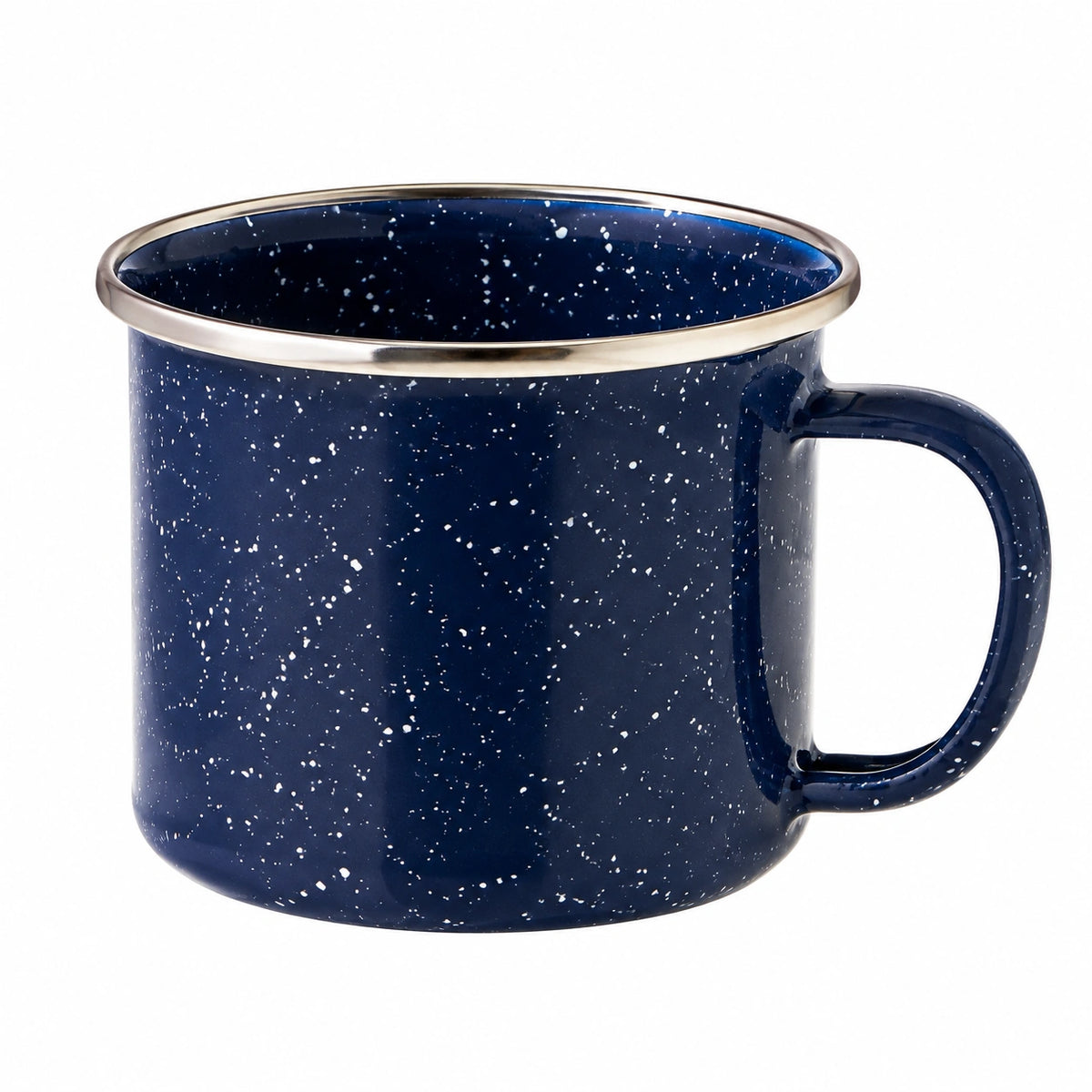Taza de 350 ml de acero esmaltado azul marino con borde metálico para bebidas calientes estilo moteado