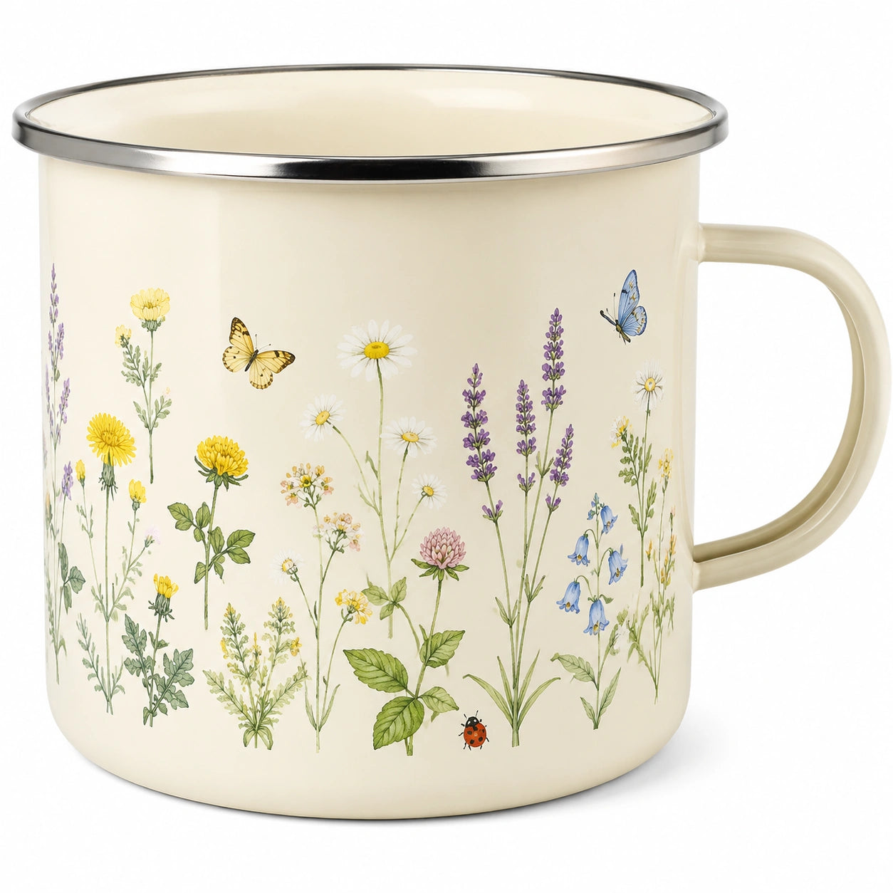Taza esmaltada 500 ml crema con flores y asa para bebidas calientes