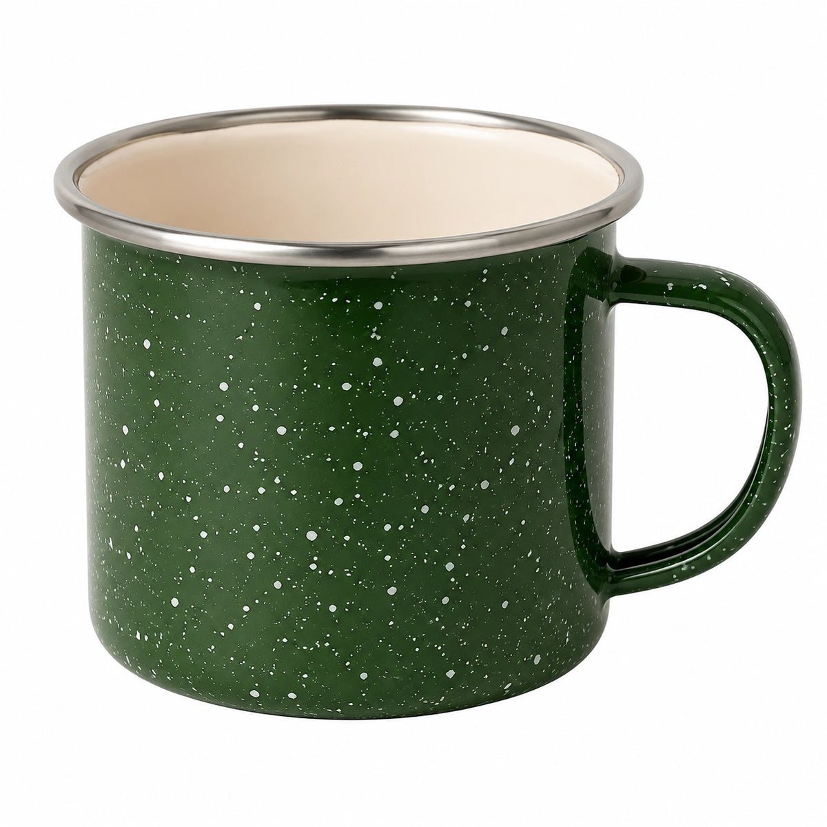 Taza de camping 350 ml de metal esmaltado verde con borde metálico